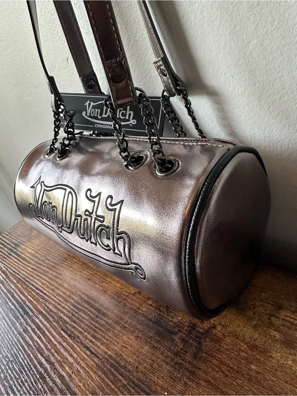 Von Dutch Metallic Barrel Shoulder Bag with Black Embroidered Logo, Chain NWT